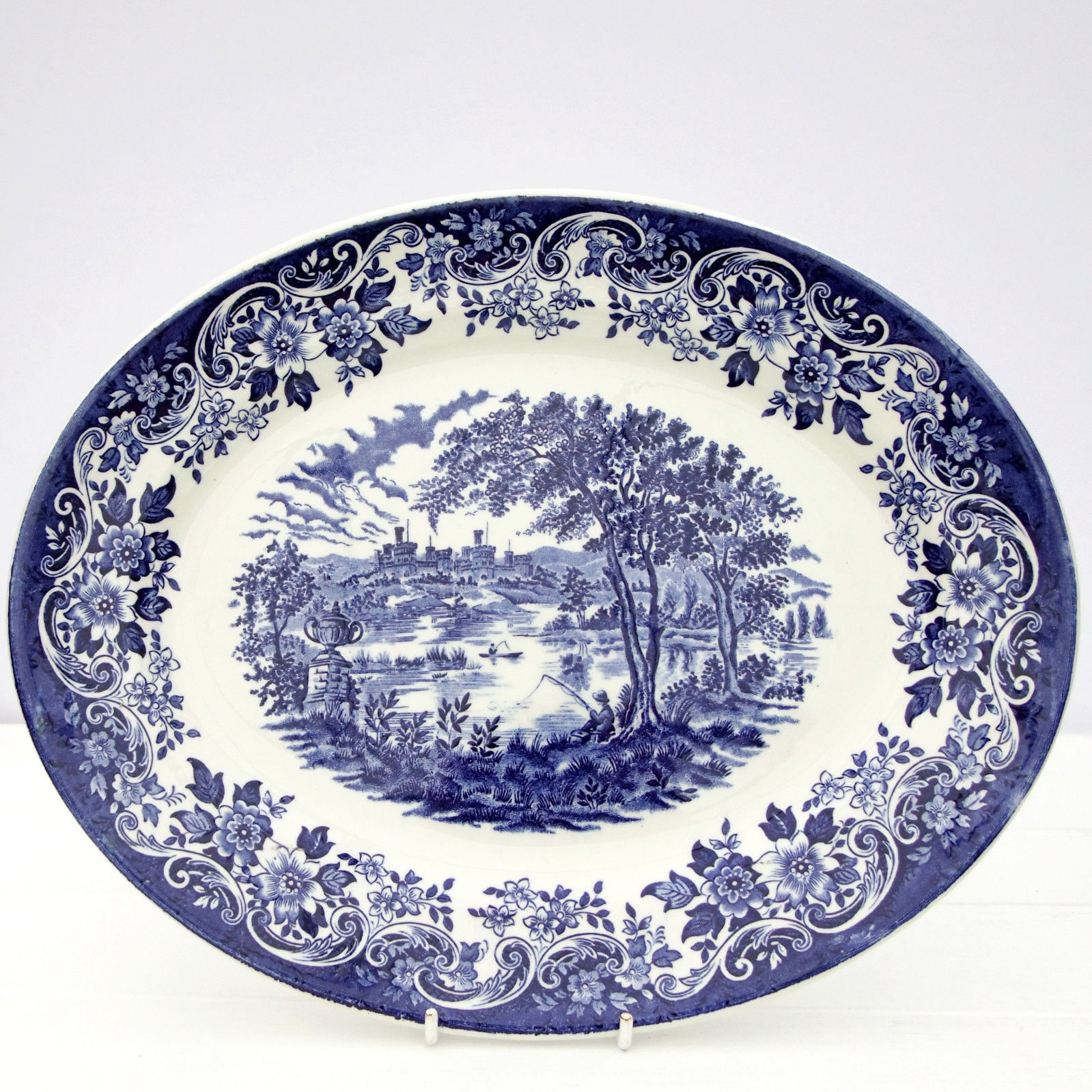 Vintage Blue White Ironstone Country Castles Scene Oval Plate Platter