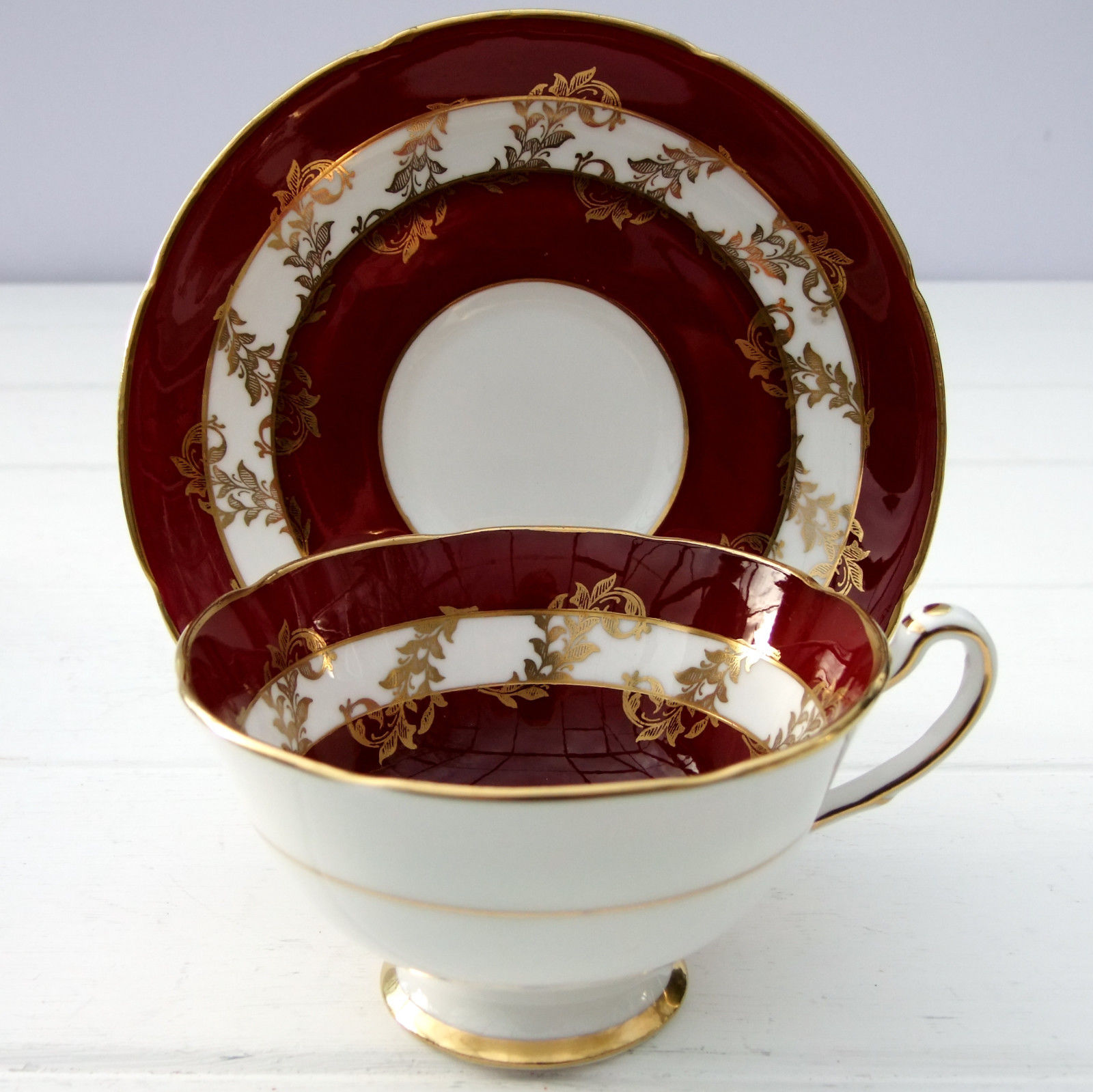 Vintage Royal Grafton Fine Bone China Tea Cup Saucer Duo Dark Red