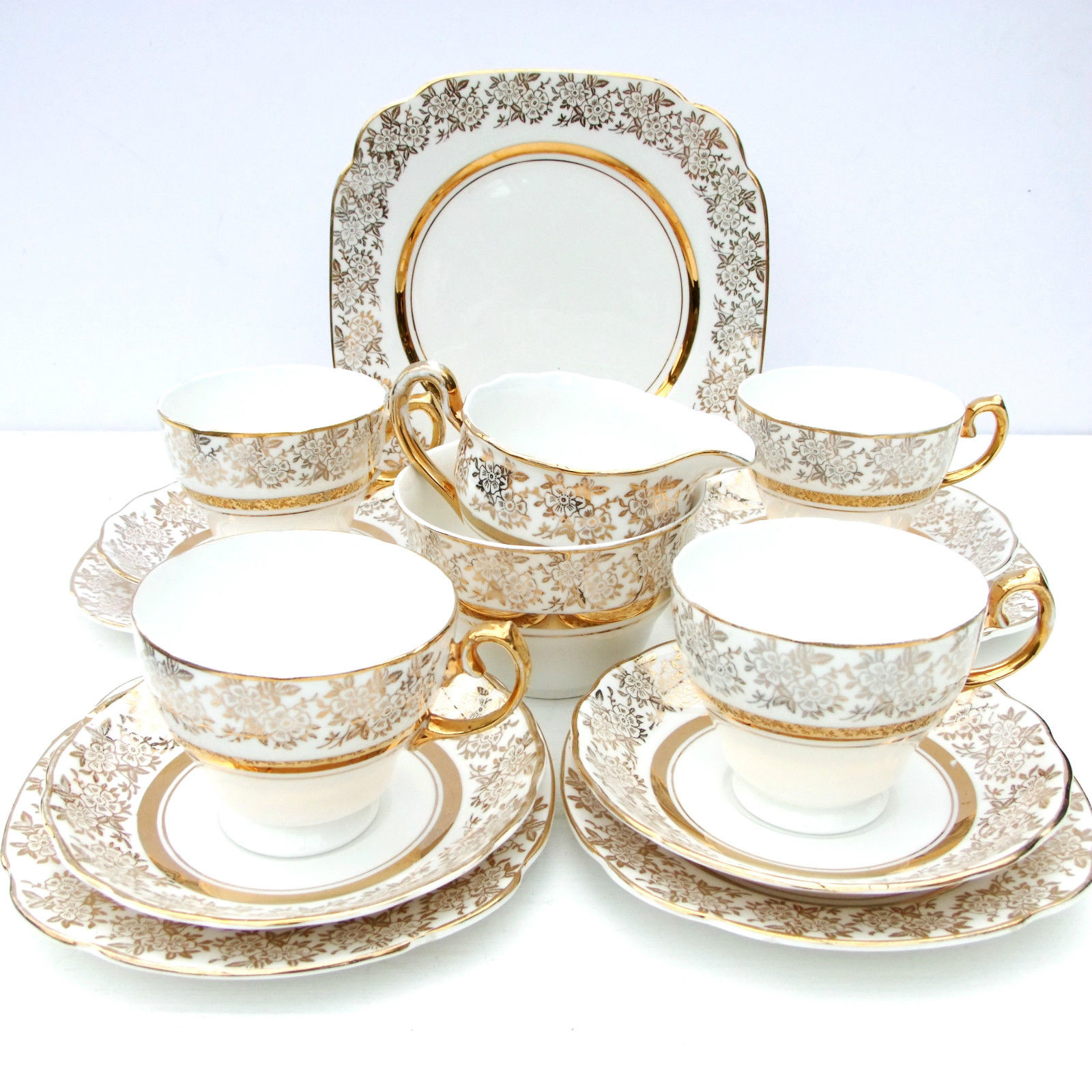 Vintage Ashley Fine Bone China Gold Floral Tea Set Cake Plates Cups